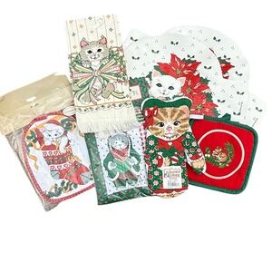 Vintage‎ Cottage Core Christmas Kitchen Set Cat Potholder Towel Placemats